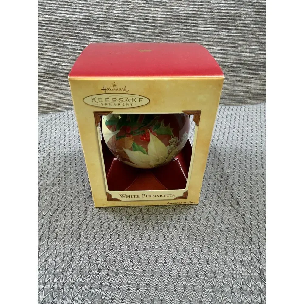 Vintage Hallmark 2002 White Poinsettia Glass Ball Keepsake Ornament NEW